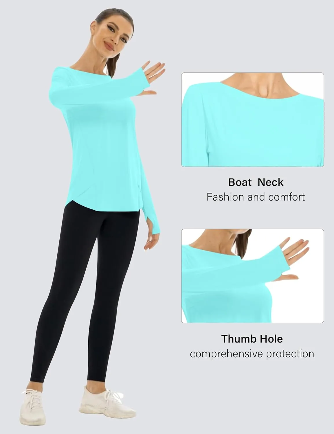 Rapbin Women's UPF 50  Sun Protection T-Shirts Long Sleeve Boat Neck Workout Lightweight Quick Dry Top with Thumb Hole