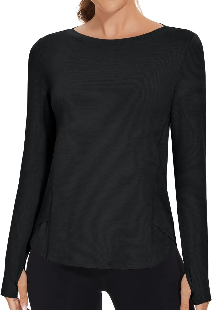 Rapbin Women's UPF 50  Sun Protection T-Shirts Long Sleeve Boat Neck Workout Lightweight Quick Dry Top with Thumb Hole