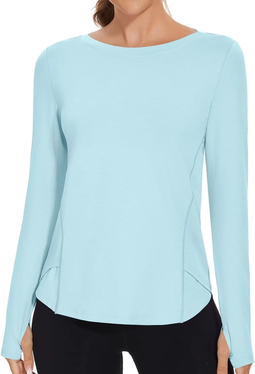 Rapbin Women's UPF 50  Sun Protection T-Shirts Long Sleeve Boat Neck Workout Lightweight Quick Dry Top with Thumb Hole