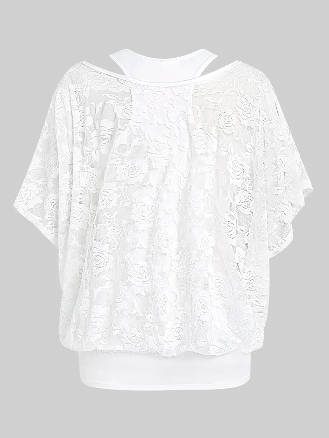 Rosegal Women Plus Size Skew Neck Sheer Lace Blouse and Racerback Tank Top Casual Crew Neck T-Shirt Summer Tops