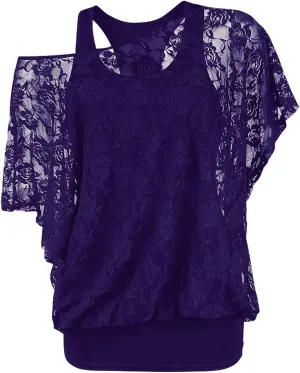 Rosegal Women Plus Size Skew Neck Sheer Lace Blouse and Racerback Tank Top Casual Crew Neck T-Shirt Summer Tops