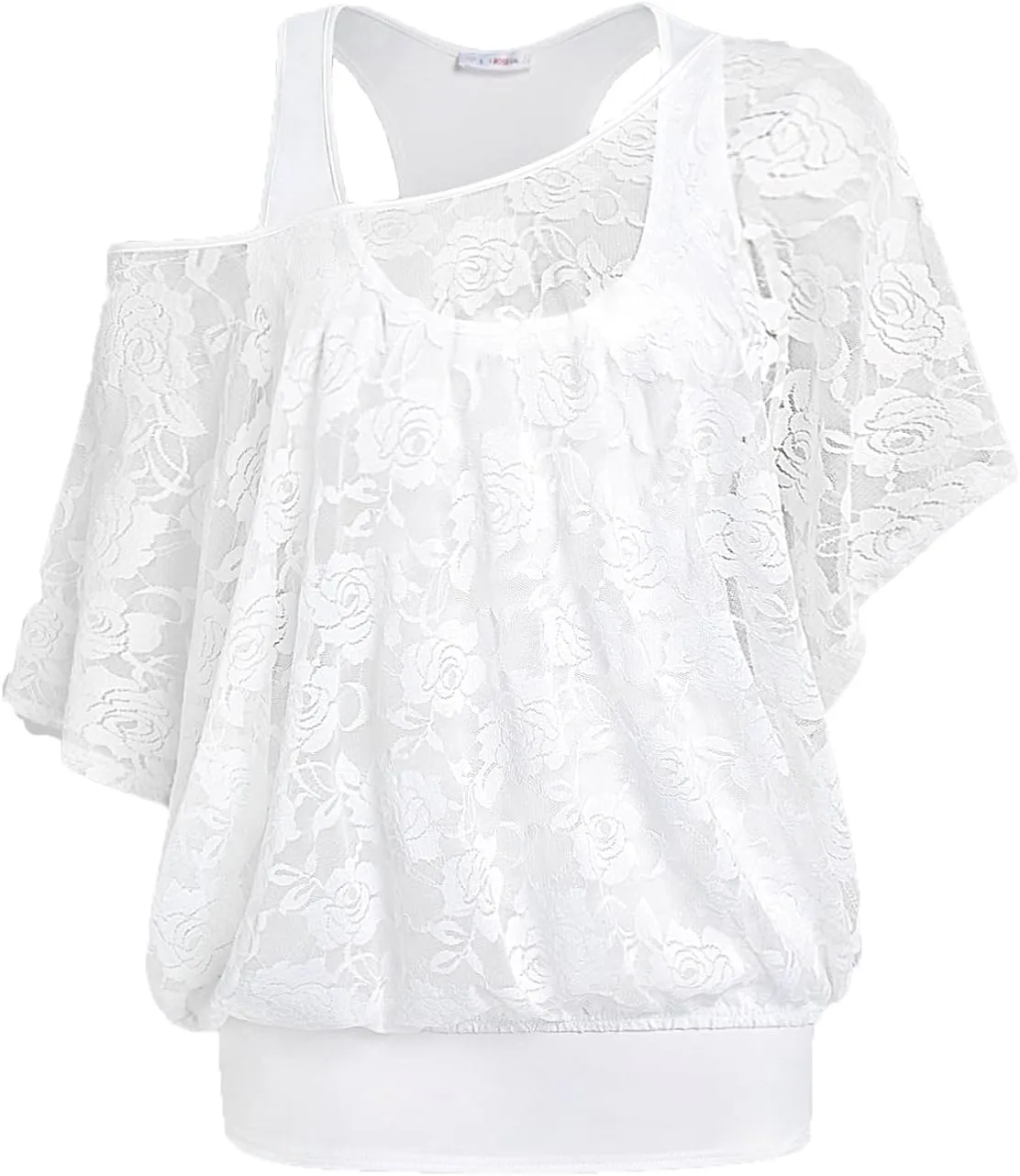 Rosegal Women Plus Size Skew Neck Sheer Lace Blouse and Racerback Tank Top Casual Crew Neck T-Shirt Summer Tops