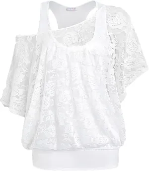 Rosegal Women Plus Size Skew Neck Sheer Lace Blouse and Racerback Tank Top Casual Crew Neck T-Shirt Summer Tops