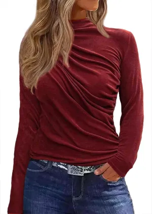 Ruched Mock Neck Long Sleeve Blouse for Womens Plain Ruched Slim Fit T-Shirts Tops Cute Casual Elegant Fall Blouse Tops