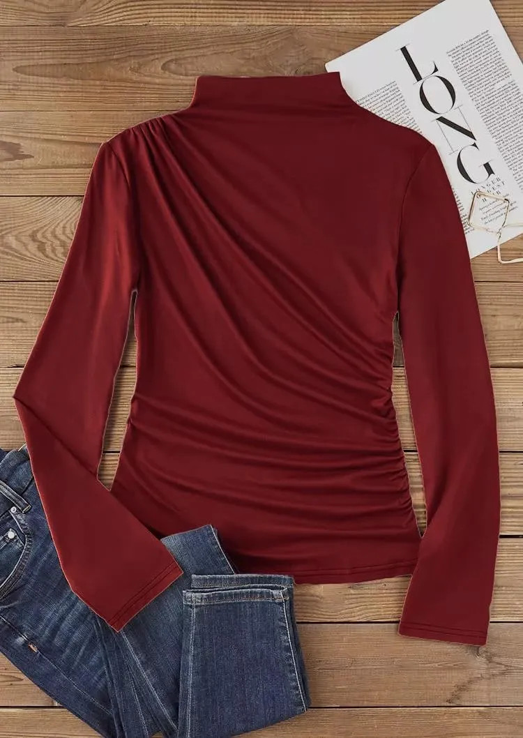 Ruched Mock Neck Long Sleeve Blouse for Womens Plain Ruched Slim Fit T-Shirts Tops Cute Casual Elegant Fall Blouse Tops