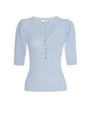 Ruched Short Sleeve Henley - Light Chambray