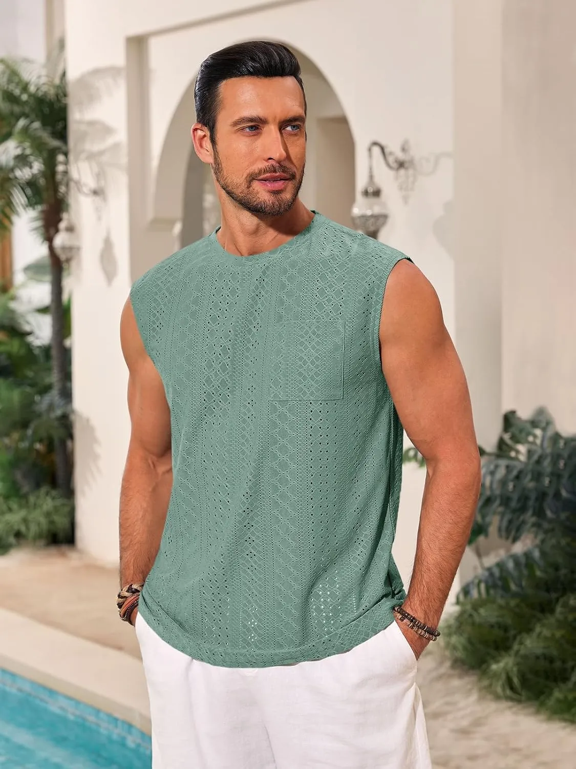 Runcati Mens Sleeveless Tank Tops Casual Hollow Out Knit T Shirts Beach Summer Hippie Tops with Pocket