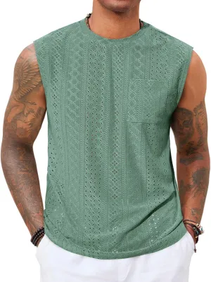 Runcati Mens Sleeveless Tank Tops Casual Hollow Out Knit T Shirts Beach Summer Hippie Tops with Pocket