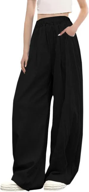 SANGTREE Girls & Woman Wide Leg Pants Lightweight Casual Elastic High Waist Straight Leg Loose Trousers,4 Years - Woman 2XL