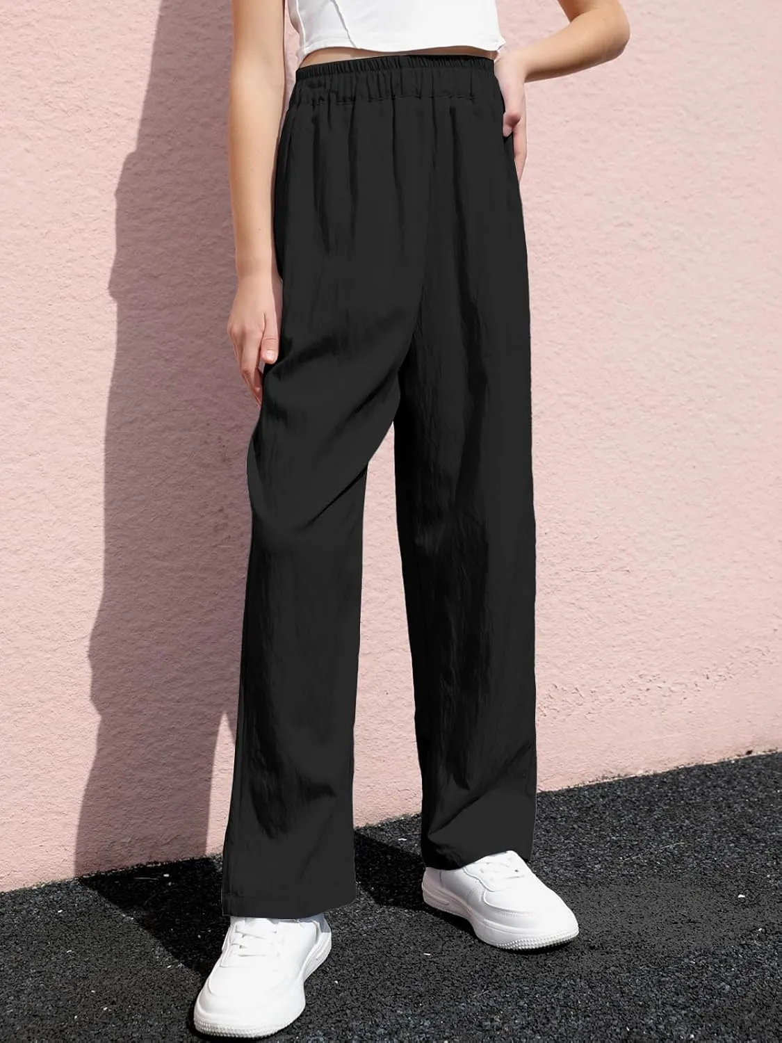 SANGTREE Girls & Woman Wide Leg Pants Lightweight Casual Elastic High Waist Straight Leg Loose Trousers,4 Years - Woman 2XL