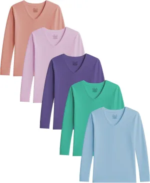 Sexy Basics Women's Cotton Stretch Long Sleeve V- Neck Athletic Tops | Casual & Active Color T Shirts | Multi Packs
