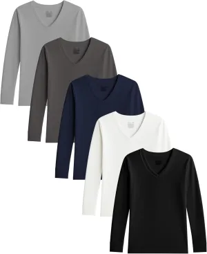 Sexy Basics Women's Cotton Stretch Long Sleeve V- Neck Athletic Tops | Casual & Active Color T Shirts | Multi Packs