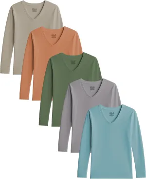 Sexy Basics Women's Cotton Stretch Long Sleeve V- Neck Athletic Tops | Casual & Active Color T Shirts | Multi Packs