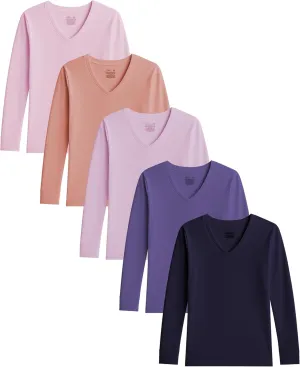 Sexy Basics Women's Cotton Stretch Long Sleeve V- Neck Athletic Tops | Casual & Active Color T Shirts | Multi Packs