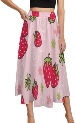 Sexy Pink Strawberry Print Midi Skirt High Elastic Waist Ruffle Swing Going Out Skirts