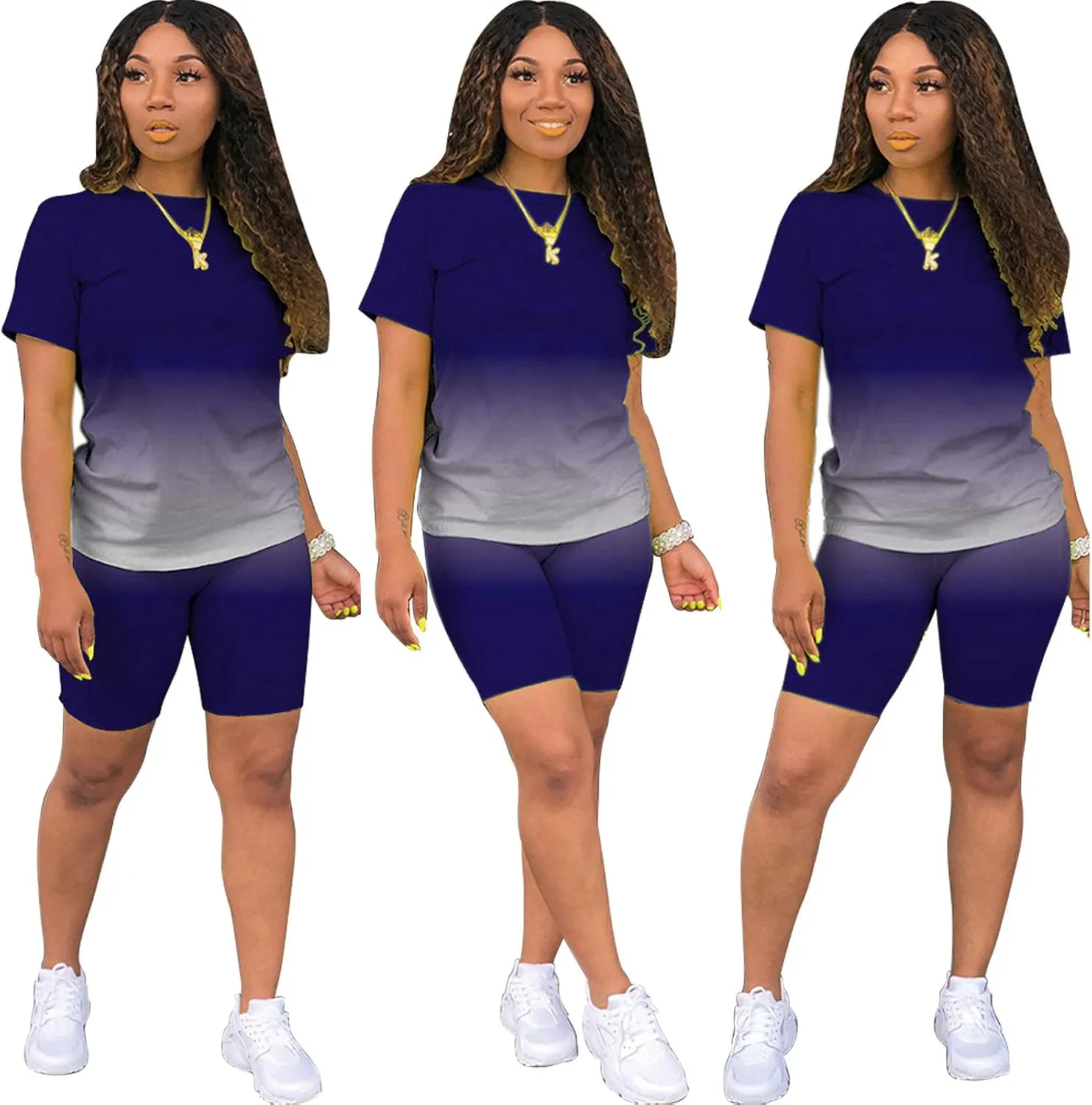 shengfan Women's 2 Piece Outfits Sets Tie Dye Casual Jogger Sportwear Crewneck Short Sleeve T-Shirts Skinny Short Pants