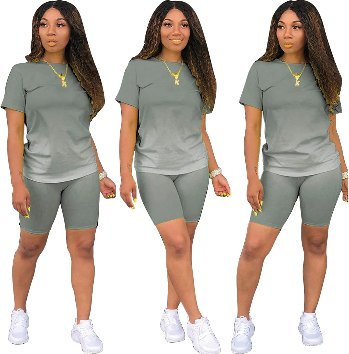 shengfan Women's 2 Piece Outfits Sets Tie Dye Casual Jogger Sportwear Crewneck Short Sleeve T-Shirts Skinny Short Pants