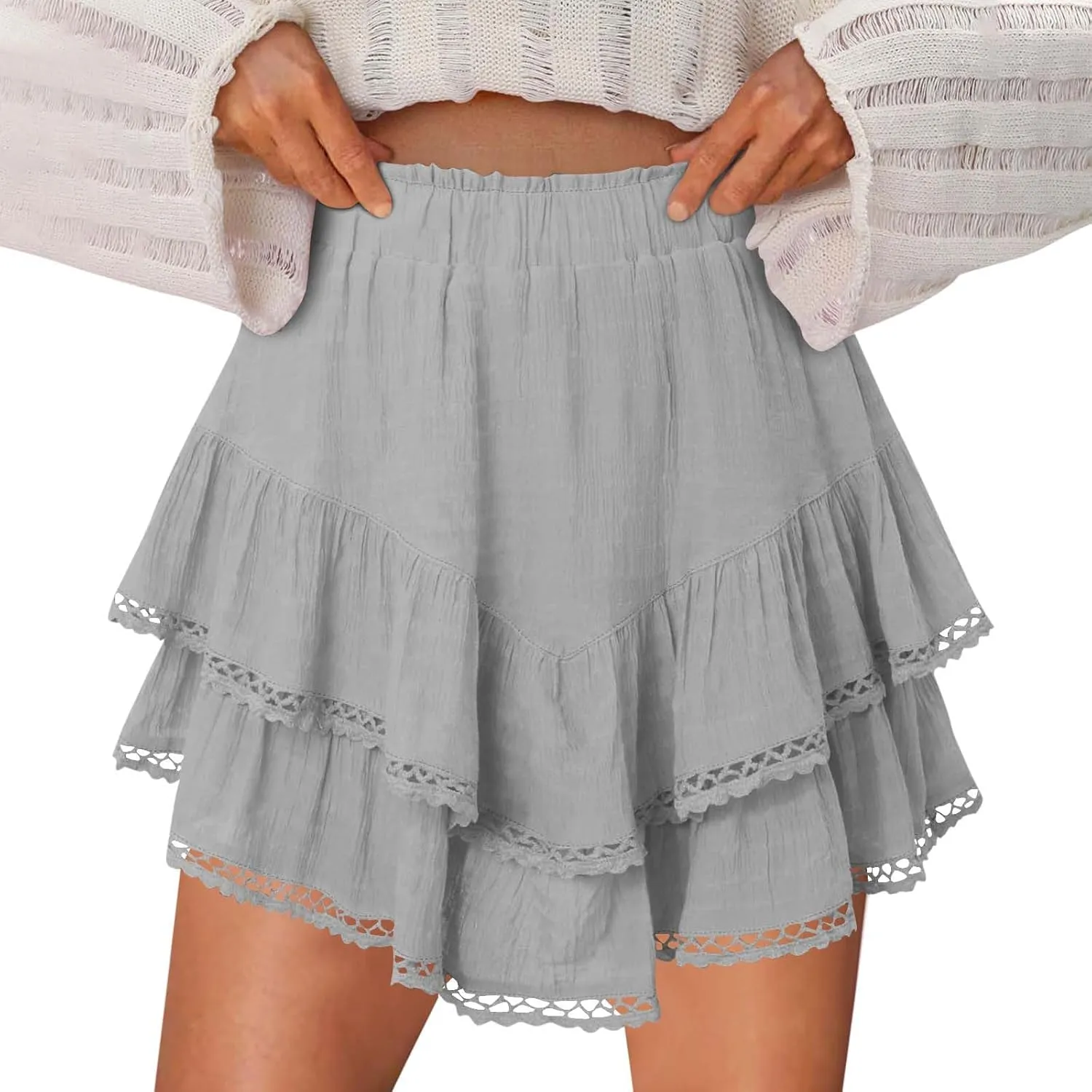 Skorts for Women Dressy Casual Ruffle Tiered Athletic Shorts Elastic High Waist Mini Skirts Cute Boho Beach Outfits