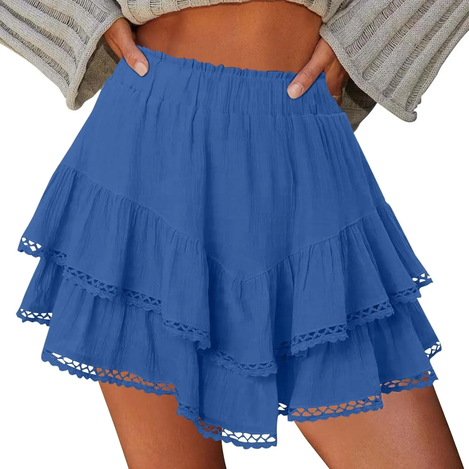 Skorts for Women Dressy Casual Ruffle Tiered Athletic Shorts Elastic High Waist Mini Skirts Cute Boho Beach Outfits