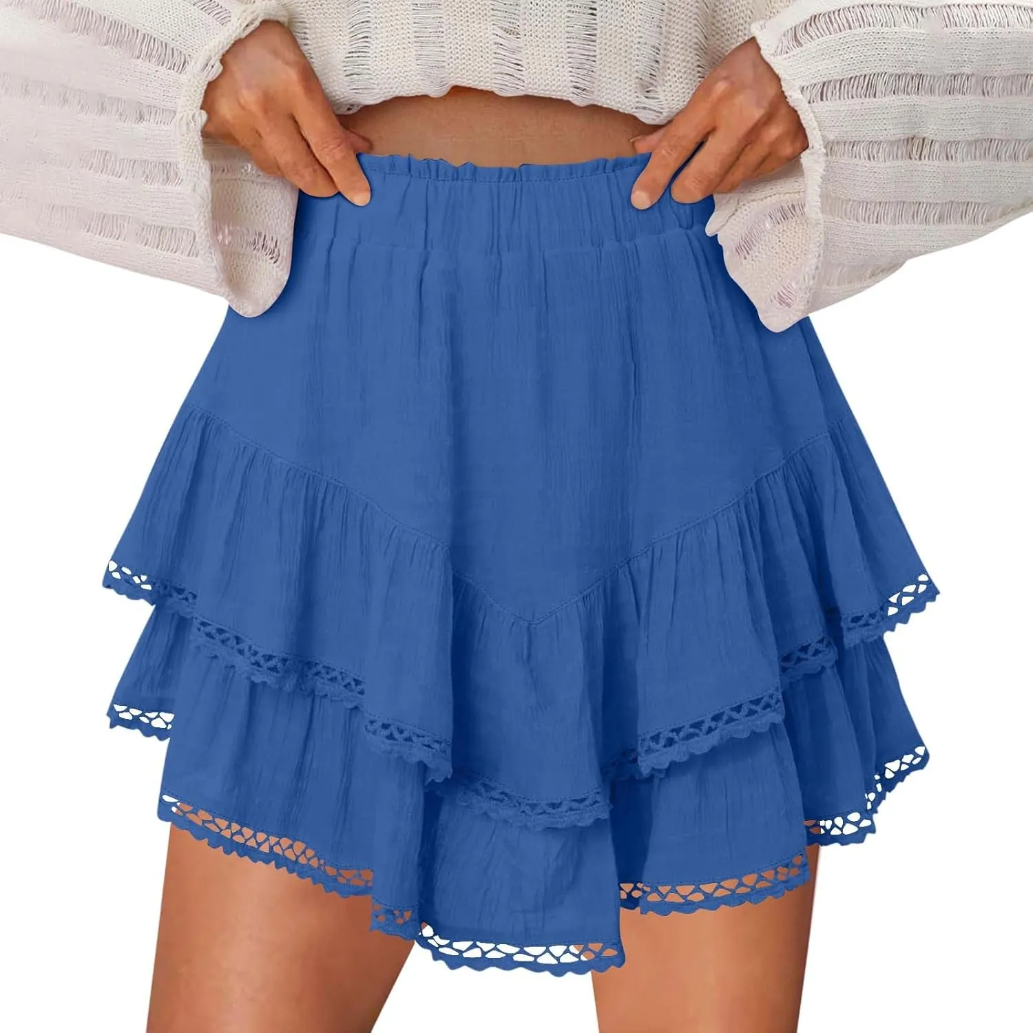 Skorts for Women Dressy Casual Ruffle Tiered Athletic Shorts Elastic High Waist Mini Skirts Cute Boho Beach Outfits