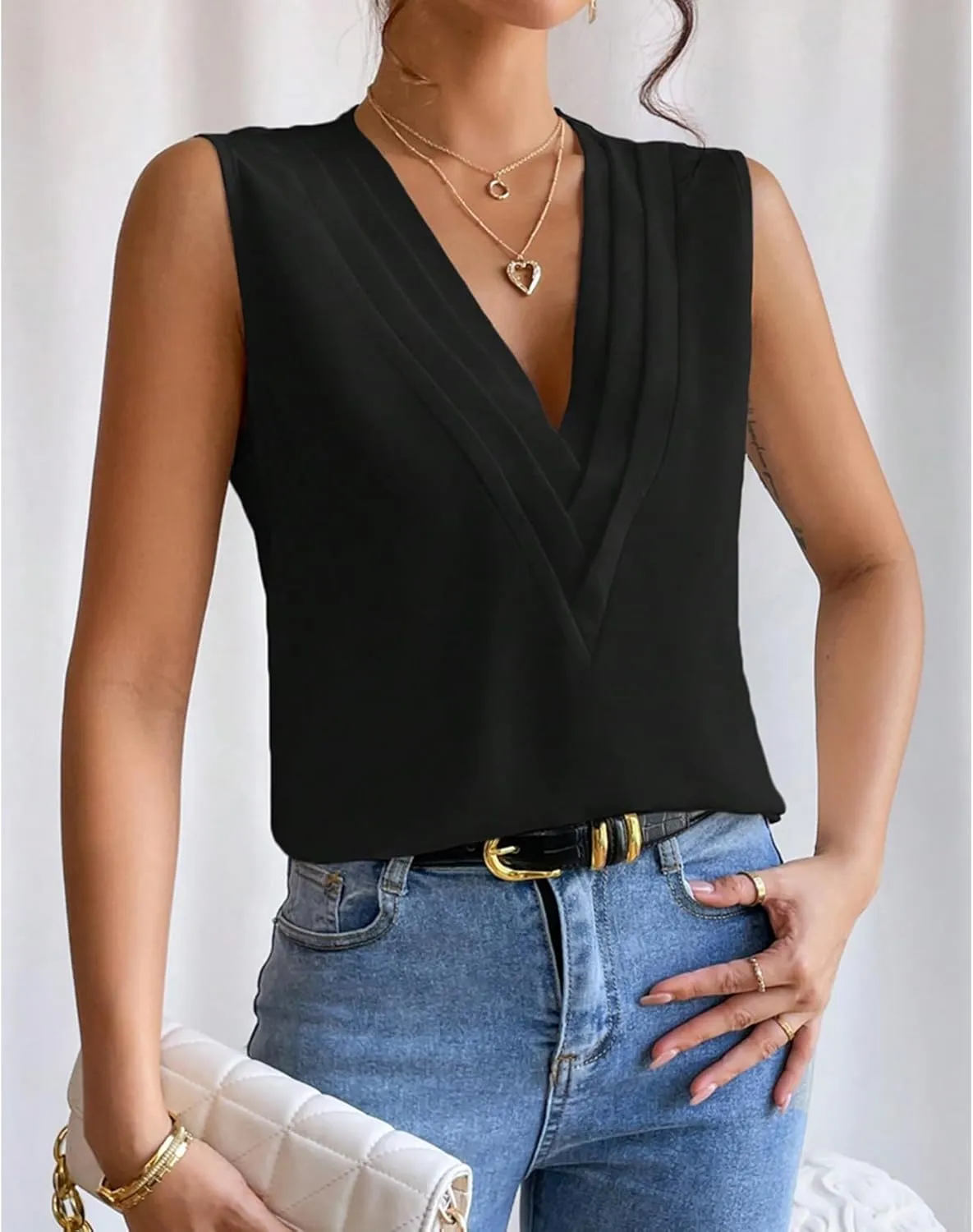 Sleeveless Chiffon Tops for Women Summer Triple V-neck T Shirts Business Office Dressy Outfit Blouse