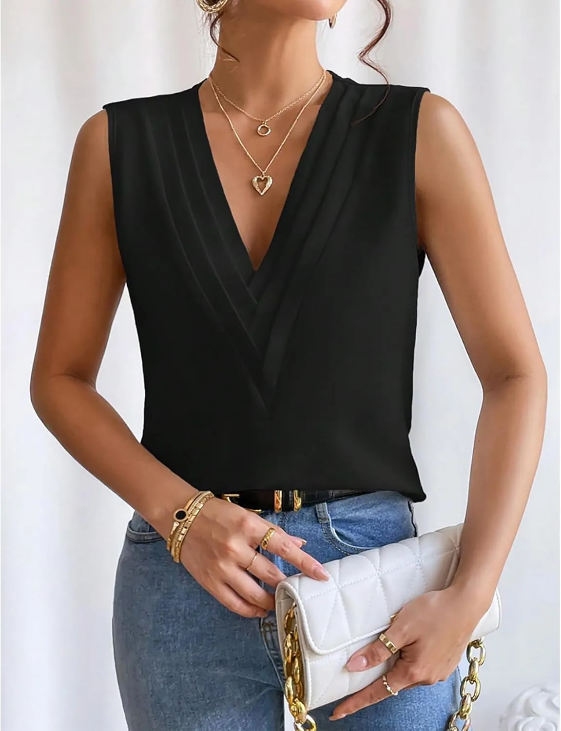 Sleeveless Chiffon Tops for Women Summer Triple V-neck T Shirts Business Office Dressy Outfit Blouse