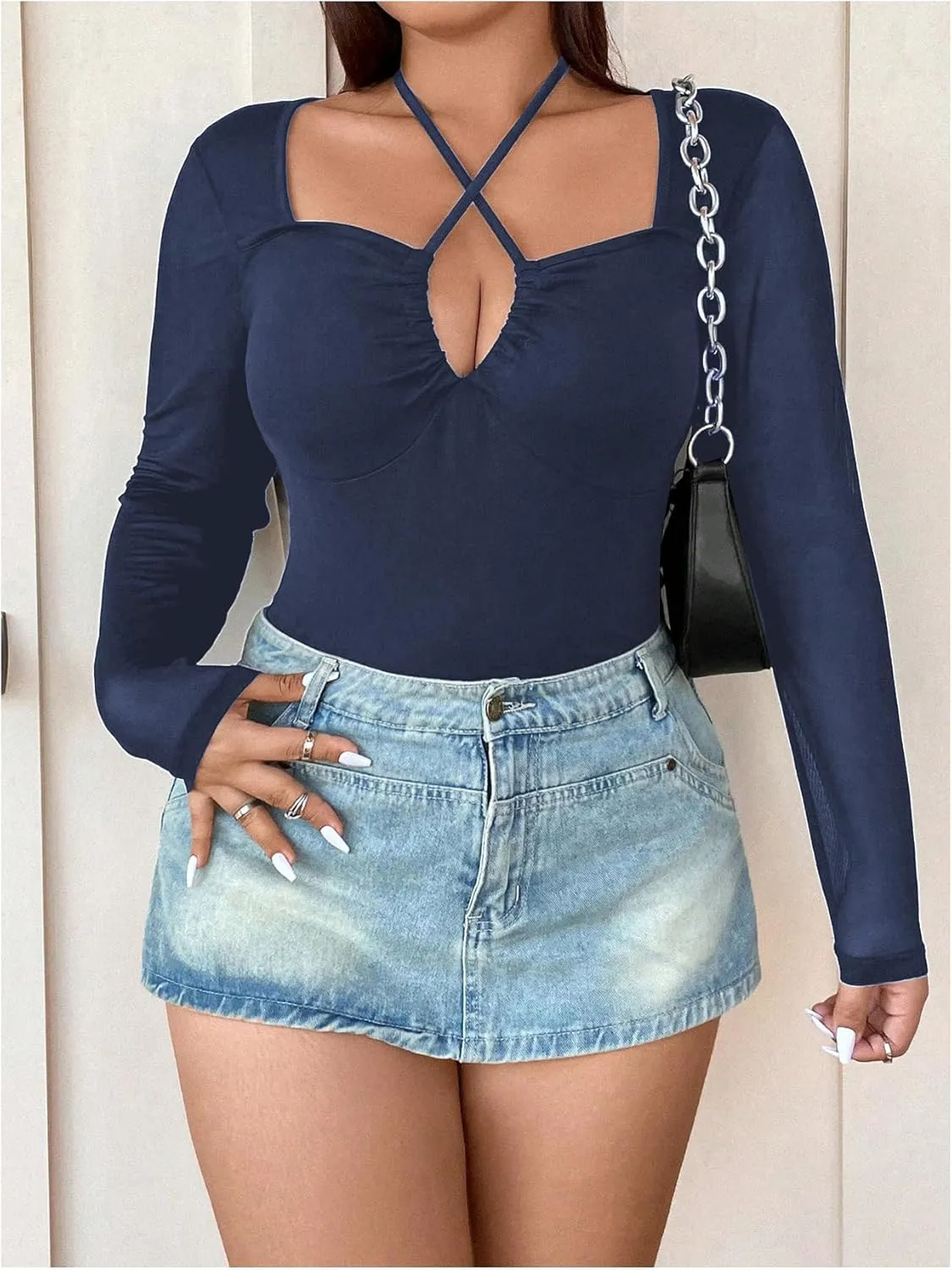 SOLY HUX Plus Size Tops for Women Long Sleeve Sexy Going Out Tops V Neck Criss Cross T Shirts Blouse