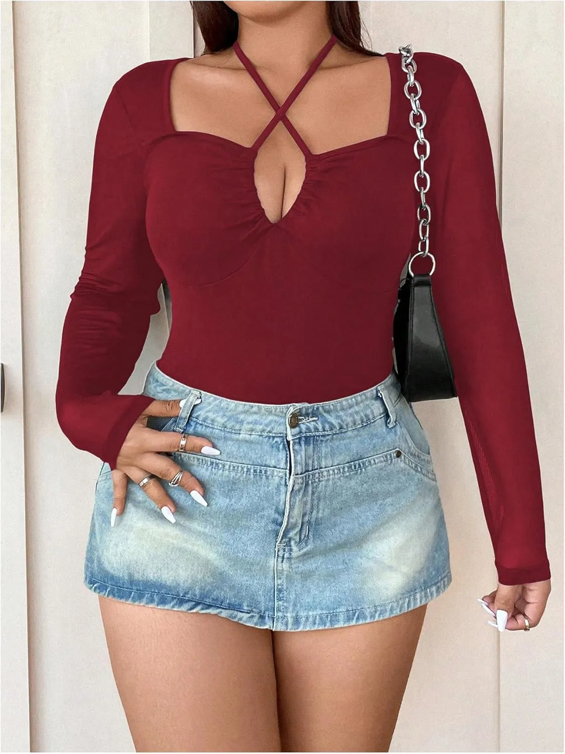 SOLY HUX Plus Size Tops for Women Long Sleeve Sexy Going Out Tops V Neck Criss Cross T Shirts Blouse