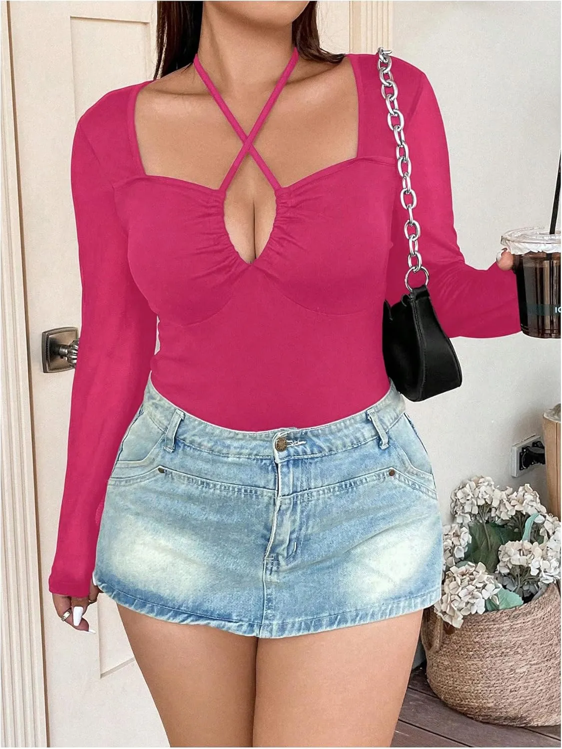 SOLY HUX Plus Size Tops for Women Long Sleeve Sexy Going Out Tops V Neck Criss Cross T Shirts Blouse