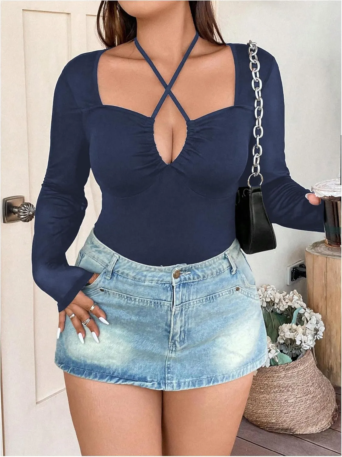 SOLY HUX Plus Size Tops for Women Long Sleeve Sexy Going Out Tops V Neck Criss Cross T Shirts Blouse