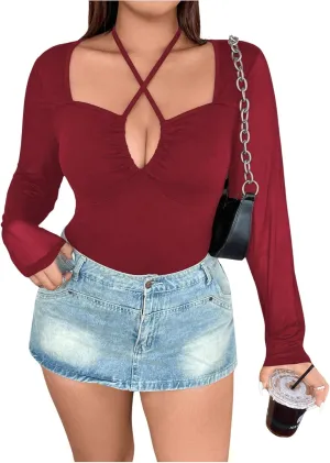 SOLY HUX Plus Size Tops for Women Long Sleeve Sexy Going Out Tops V Neck Criss Cross T Shirts Blouse