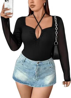SOLY HUX Plus Size Tops for Women Long Sleeve Sexy Going Out Tops V Neck Criss Cross T Shirts Blouse