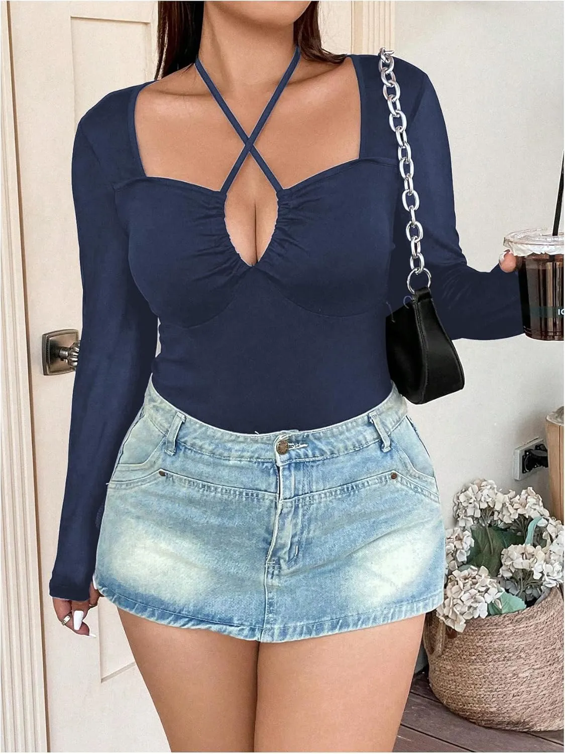 SOLY HUX Plus Size Tops for Women Long Sleeve Sexy Going Out Tops V Neck Criss Cross T Shirts Blouse