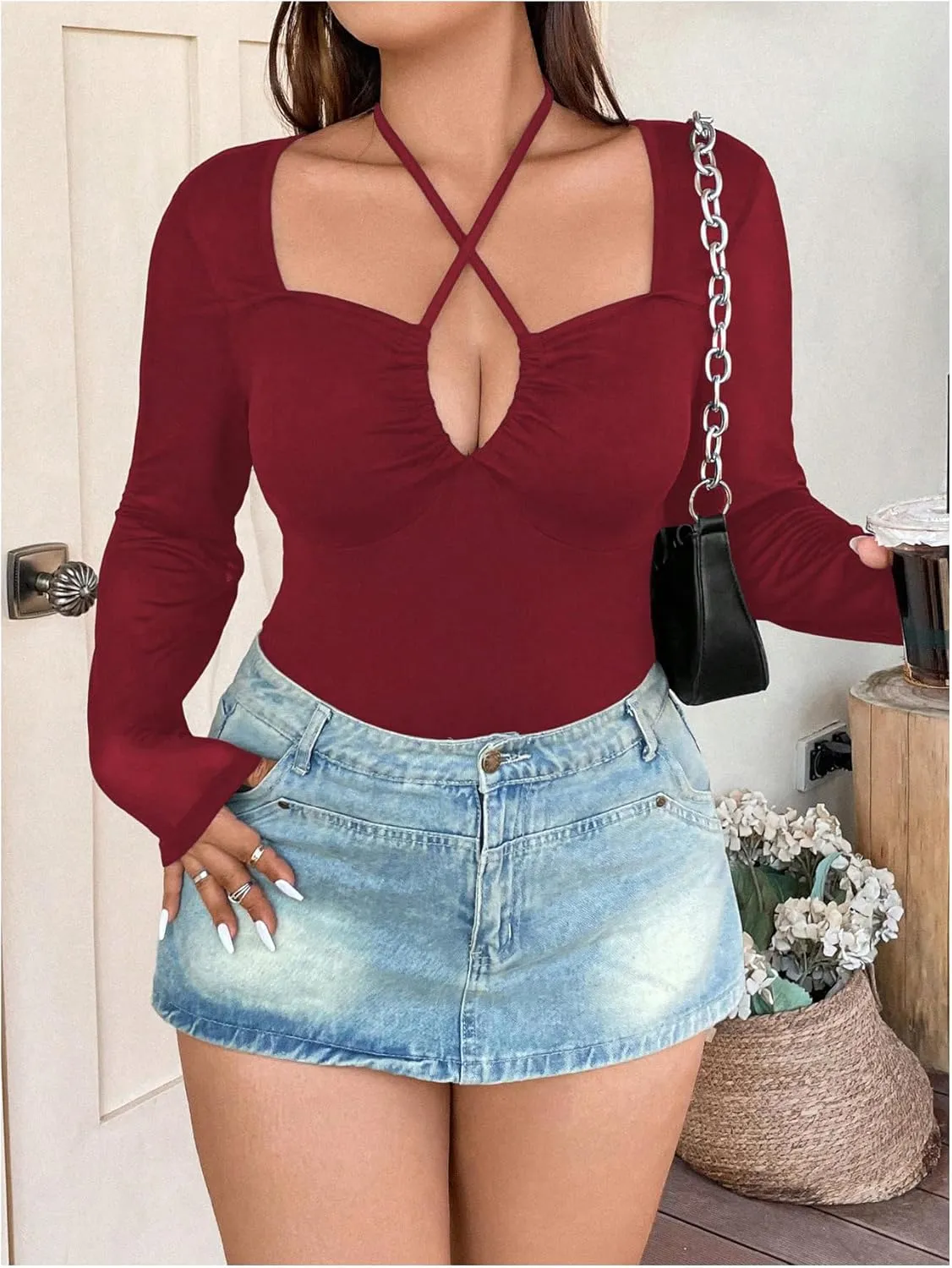 SOLY HUX Plus Size Tops for Women Long Sleeve Sexy Going Out Tops V Neck Criss Cross T Shirts Blouse