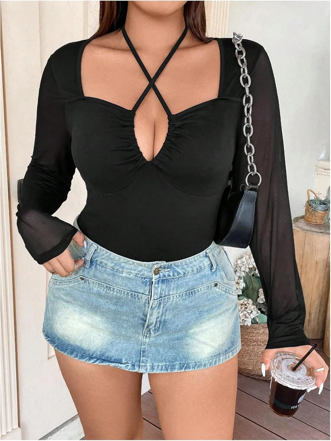 SOLY HUX Plus Size Tops for Women Long Sleeve Sexy Going Out Tops V Neck Criss Cross T Shirts Blouse