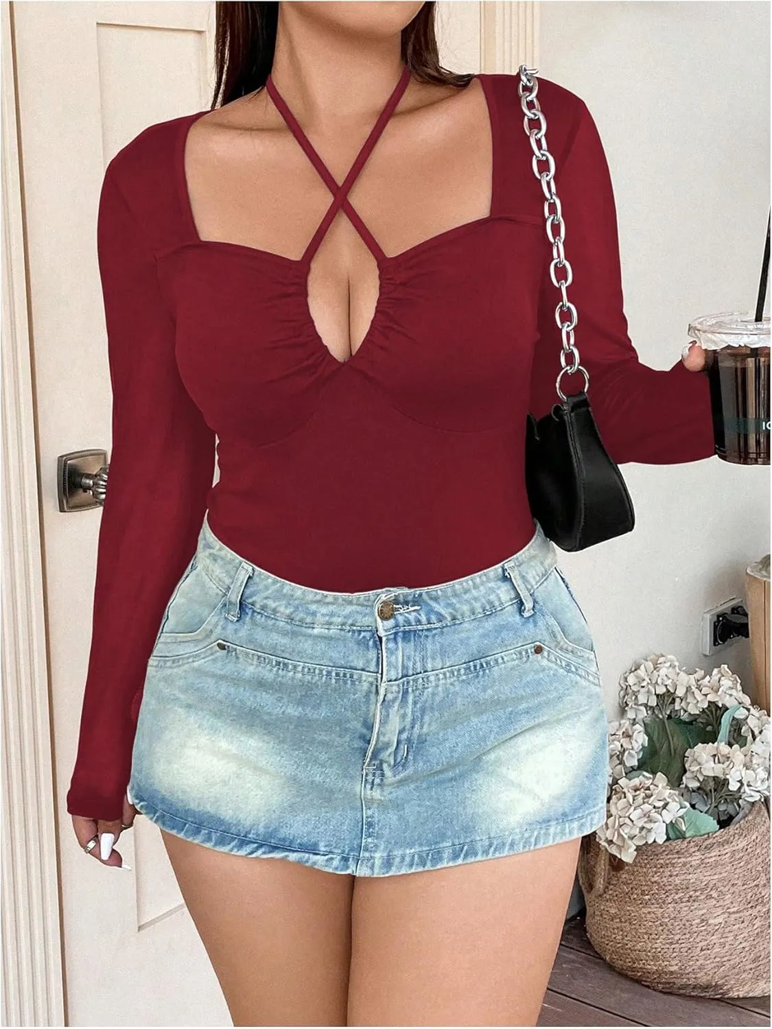 SOLY HUX Plus Size Tops for Women Long Sleeve Sexy Going Out Tops V Neck Criss Cross T Shirts Blouse