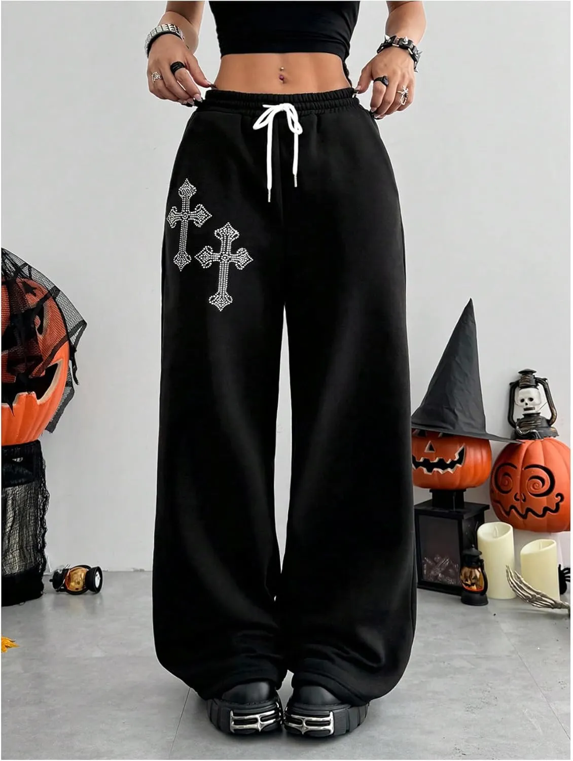 SOLY HUX Women's Y2k Baggy Pants Drawstring Waist Gothic Rhinestone Wide Leg Sweatpants