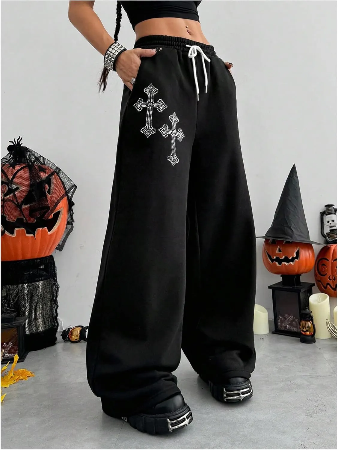 SOLY HUX Women's Y2k Baggy Pants Drawstring Waist Gothic Rhinestone Wide Leg Sweatpants