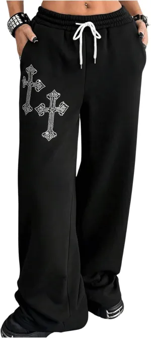SOLY HUX Women's Y2k Baggy Pants Drawstring Waist Gothic Rhinestone Wide Leg Sweatpants