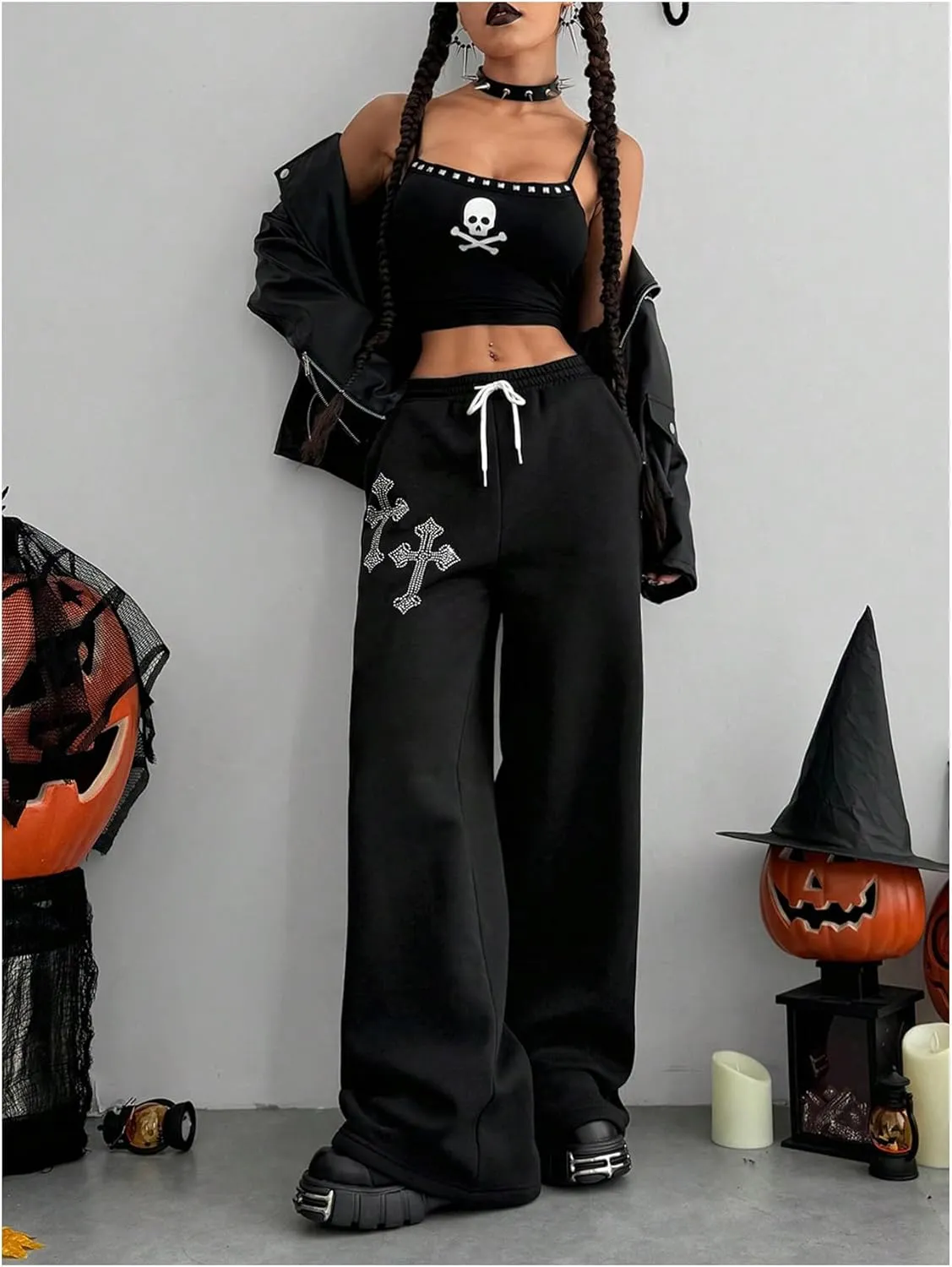 SOLY HUX Women's Y2k Baggy Pants Drawstring Waist Gothic Rhinestone Wide Leg Sweatpants