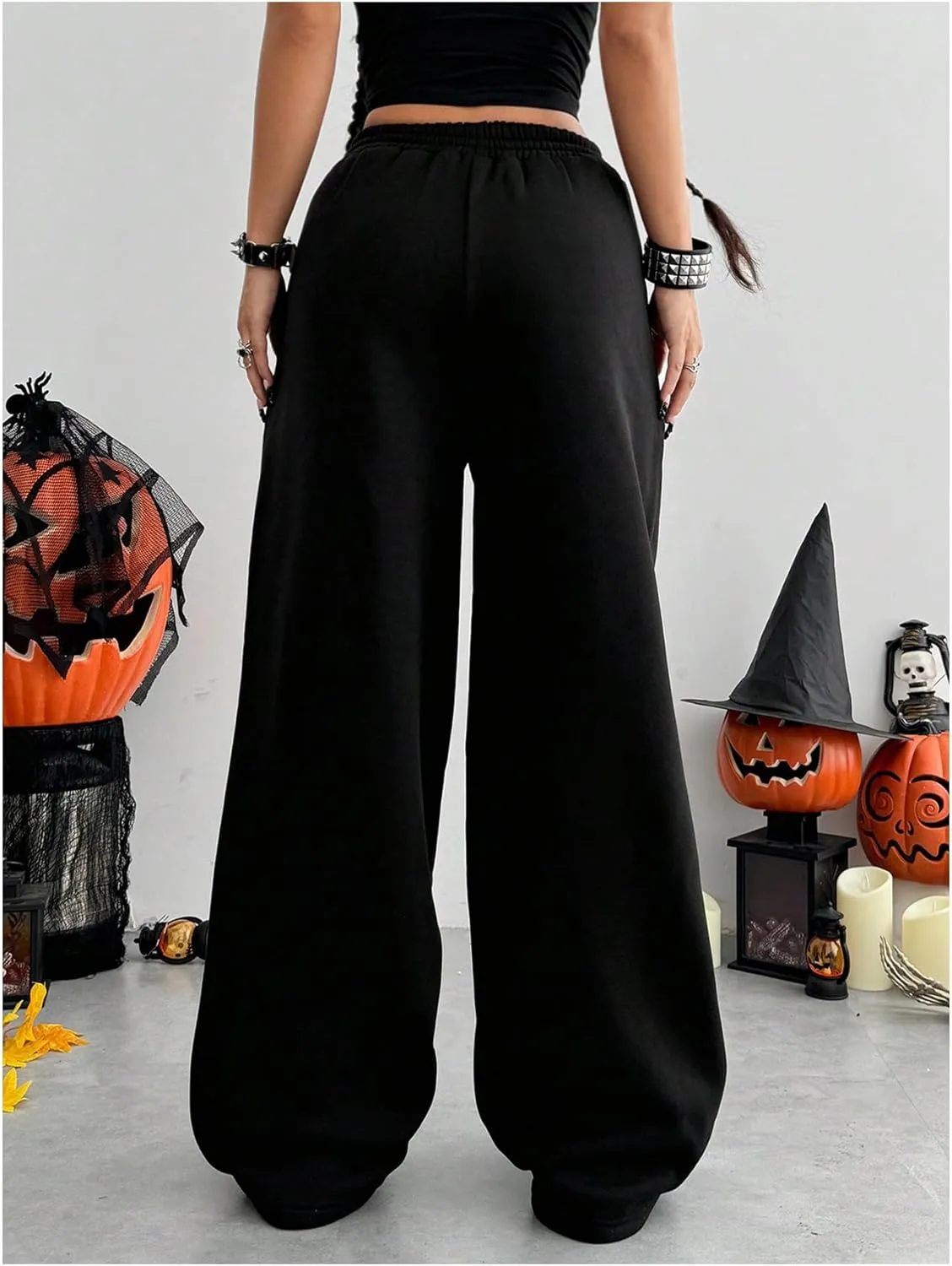 SOLY HUX Women's Y2k Baggy Pants Drawstring Waist Gothic Rhinestone Wide Leg Sweatpants
