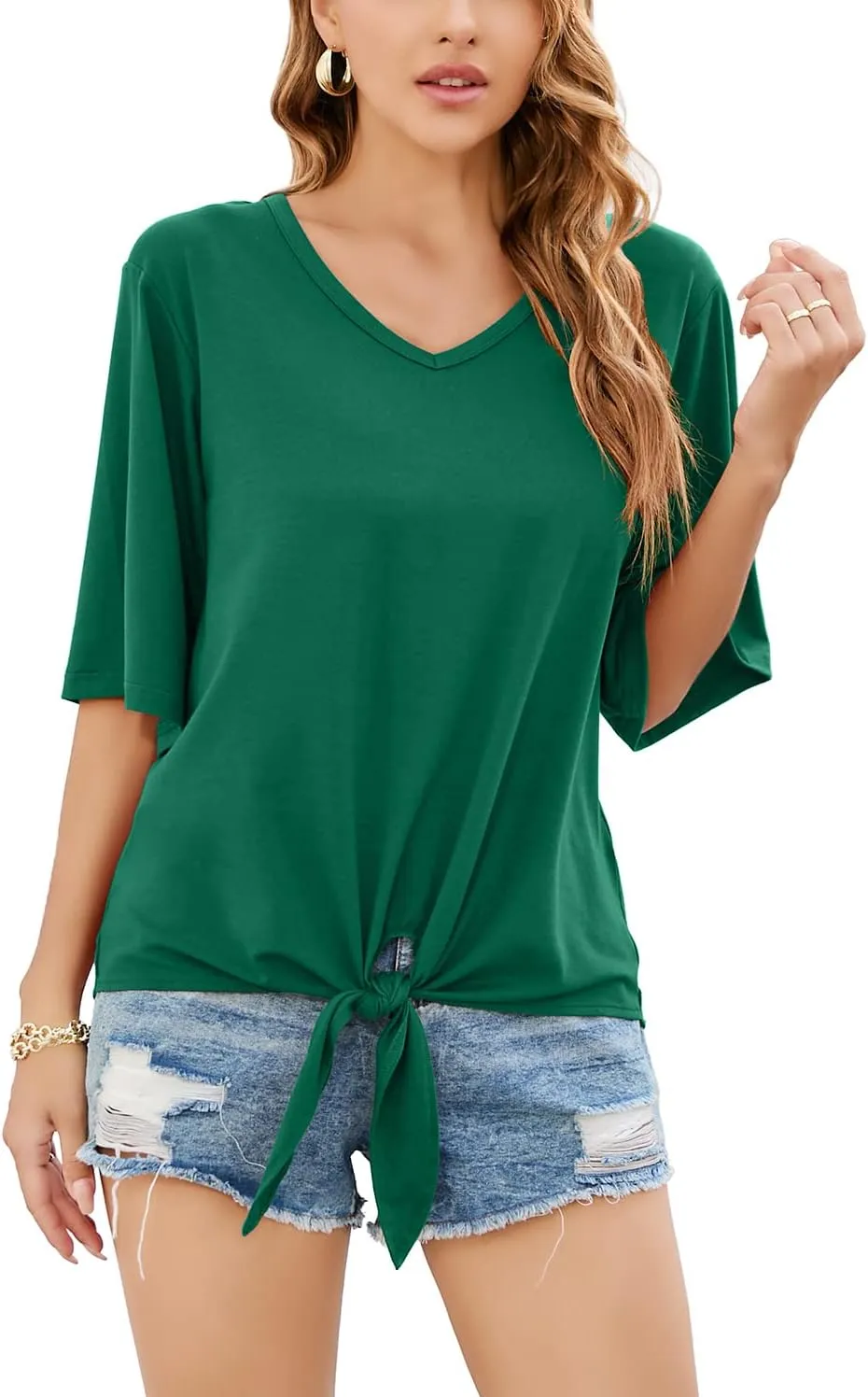 SUEANI Women's Tie Front Tops Summer V Neck 3/4 Bell Sleeve Twist Knot T Shirts
