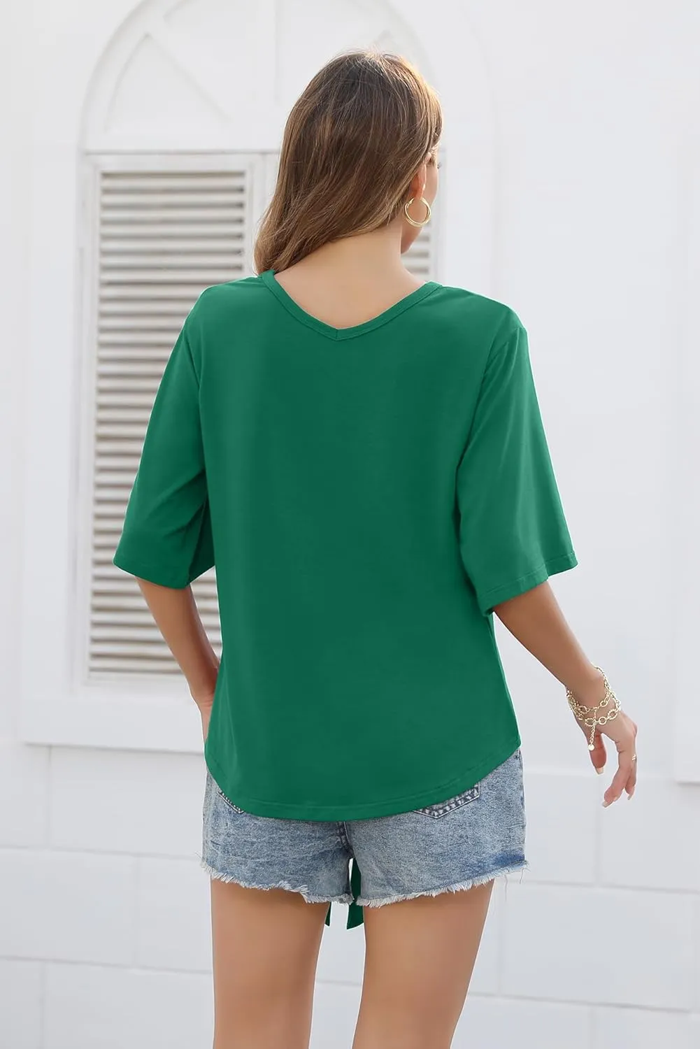 SUEANI Women's Tie Front Tops Summer V Neck 3/4 Bell Sleeve Twist Knot T Shirts
