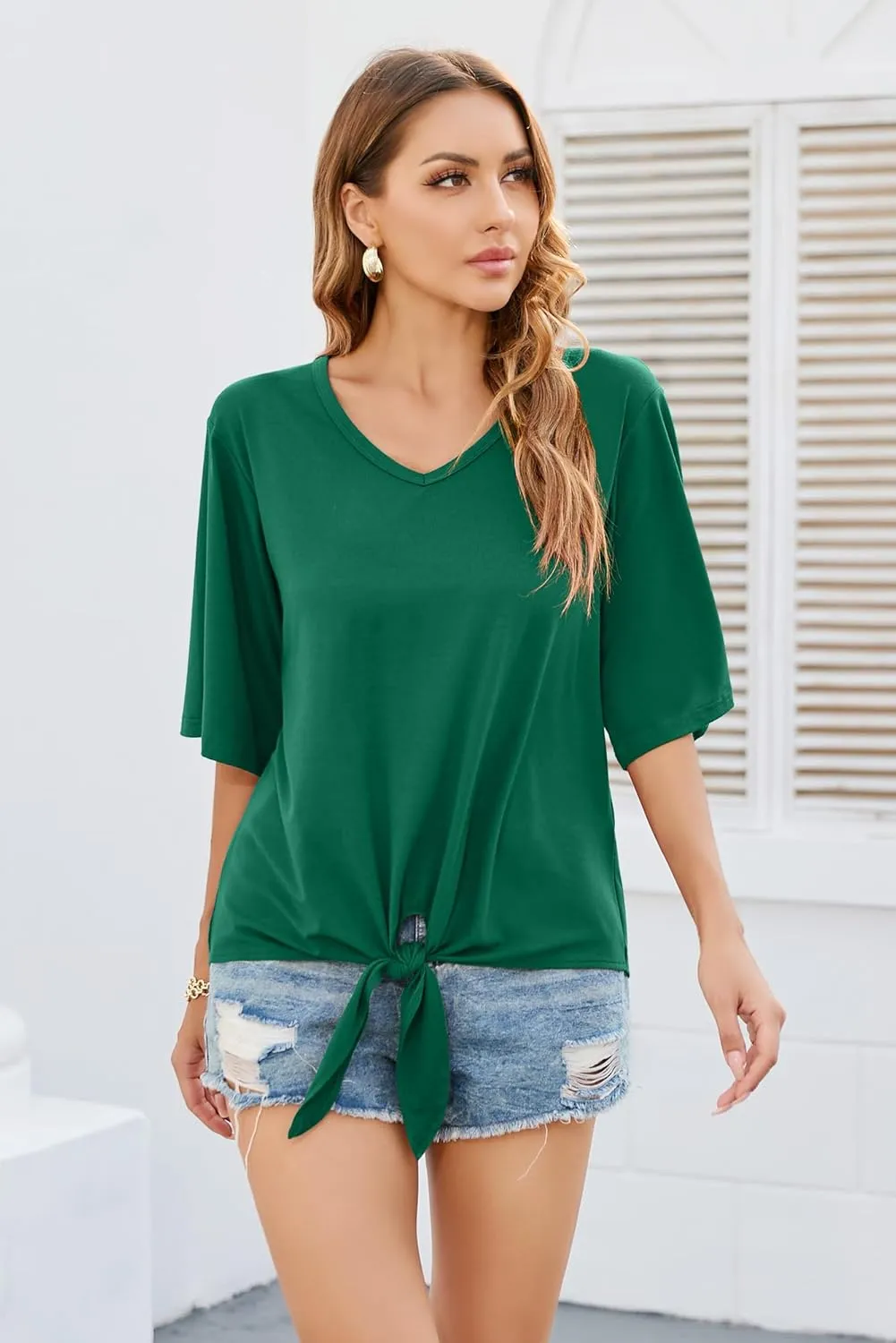 SUEANI Women's Tie Front Tops Summer V Neck 3/4 Bell Sleeve Twist Knot T Shirts