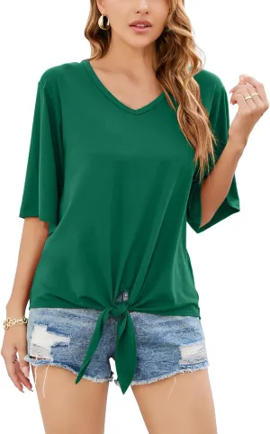 SUEANI Women's Tie Front Tops Summer V Neck 3/4 Bell Sleeve Twist Knot T Shirts