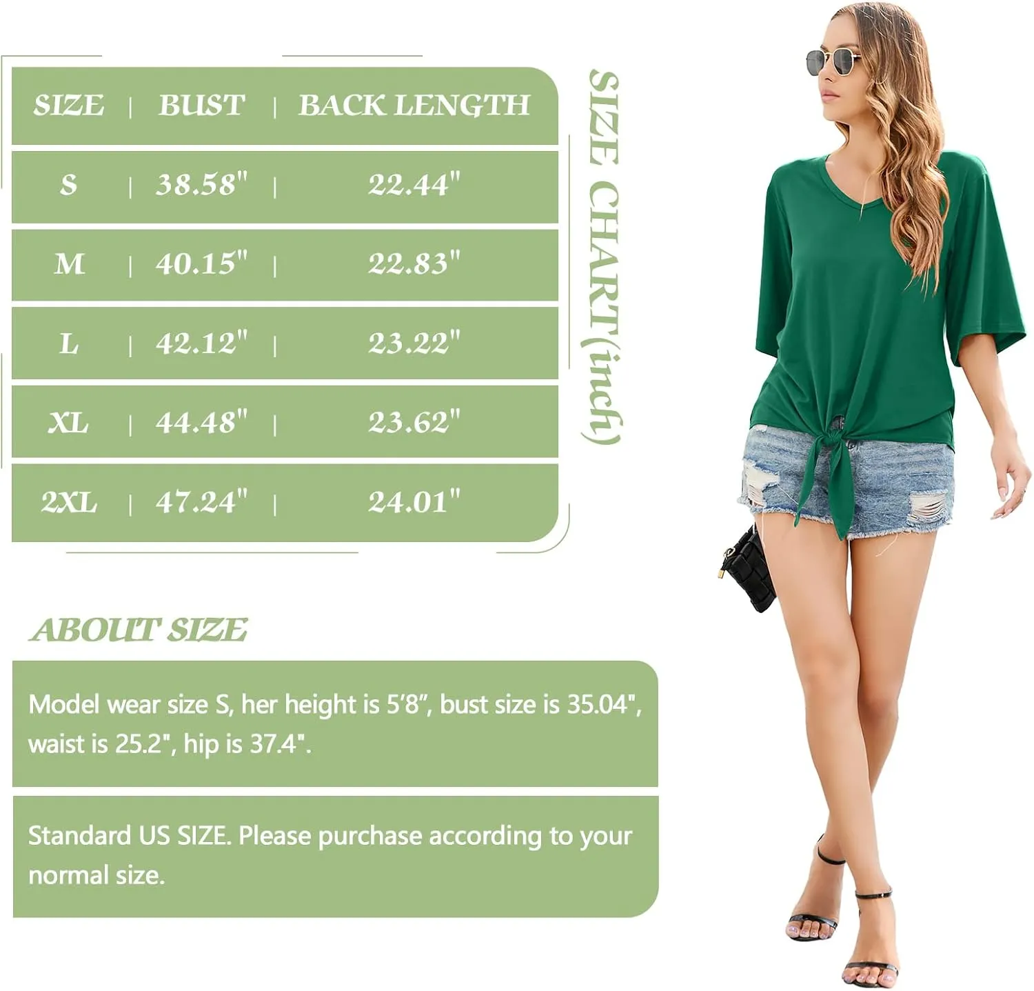 SUEANI Women's Tie Front Tops Summer V Neck 3/4 Bell Sleeve Twist Knot T Shirts