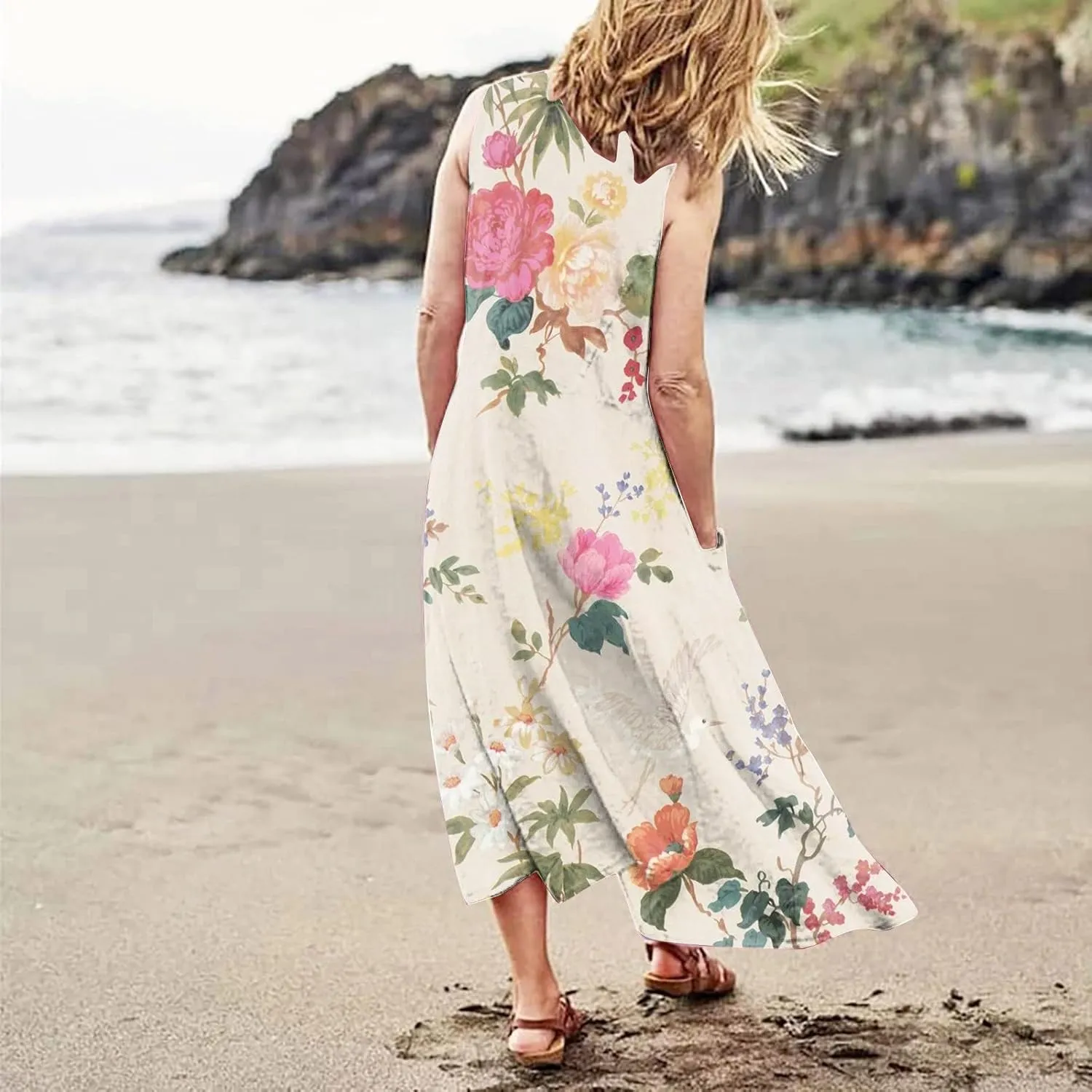 Summer Dress for Women 2025 Plus Size Sundress Floral Crewneck Sleeveless Dress Cotton Linen Beach Dress with Pockets