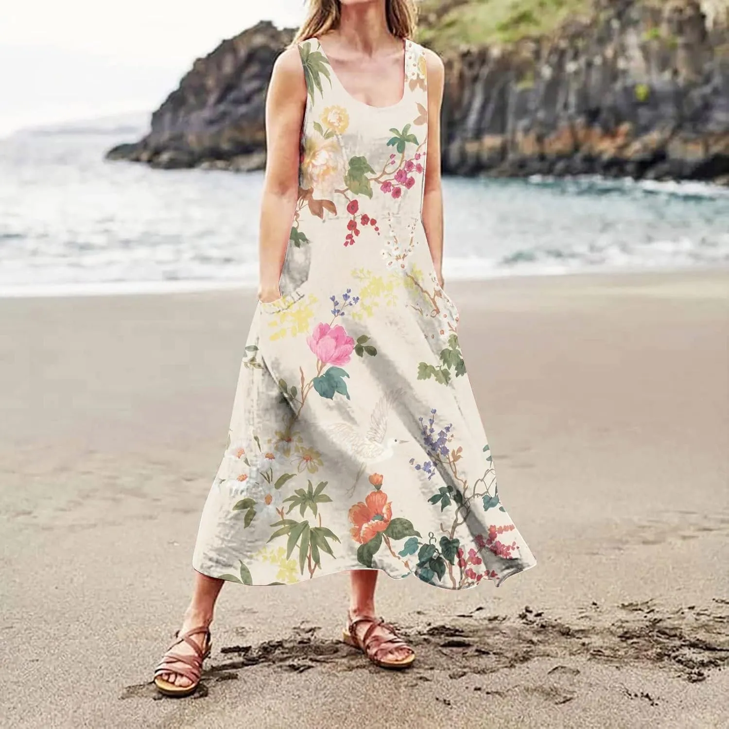 Summer Dress for Women 2025 Plus Size Sundress Floral Crewneck Sleeveless Dress Cotton Linen Beach Dress with Pockets