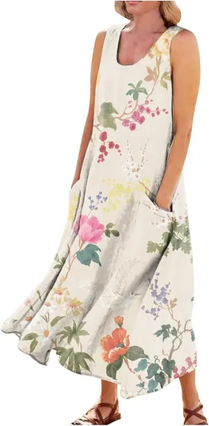 Summer Dress for Women 2025 Plus Size Sundress Floral Crewneck Sleeveless Dress Cotton Linen Beach Dress with Pockets