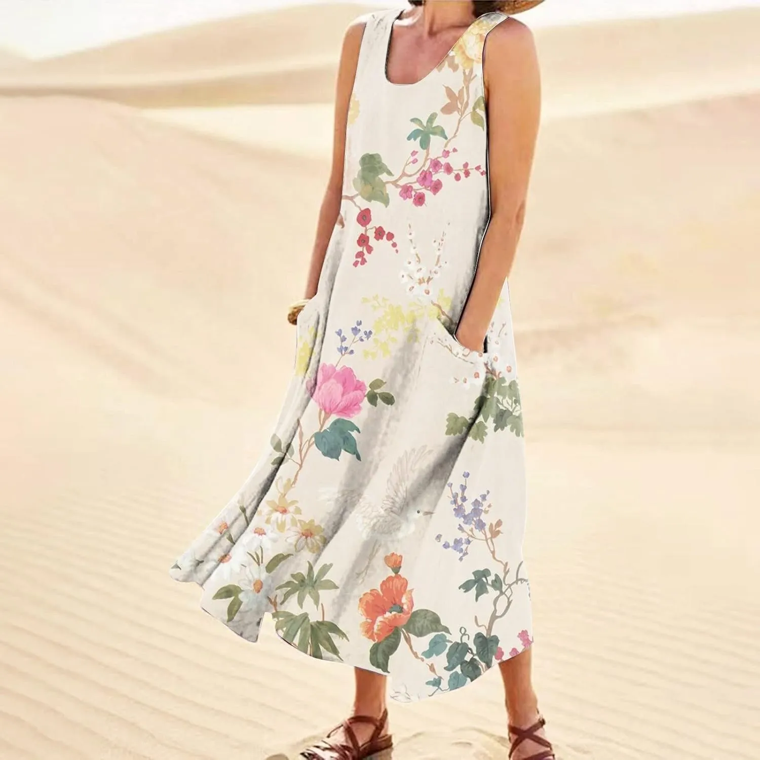 Summer Dress for Women 2025 Plus Size Sundress Floral Crewneck Sleeveless Dress Cotton Linen Beach Dress with Pockets
